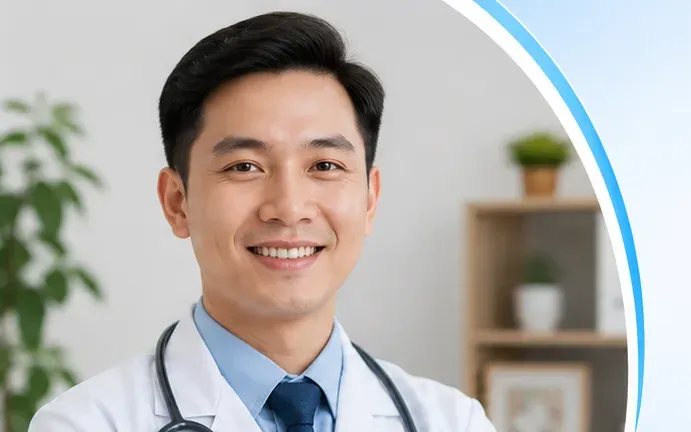 Bác sĩ Doctor Happy mặc áo blouse, đeo ống nghe