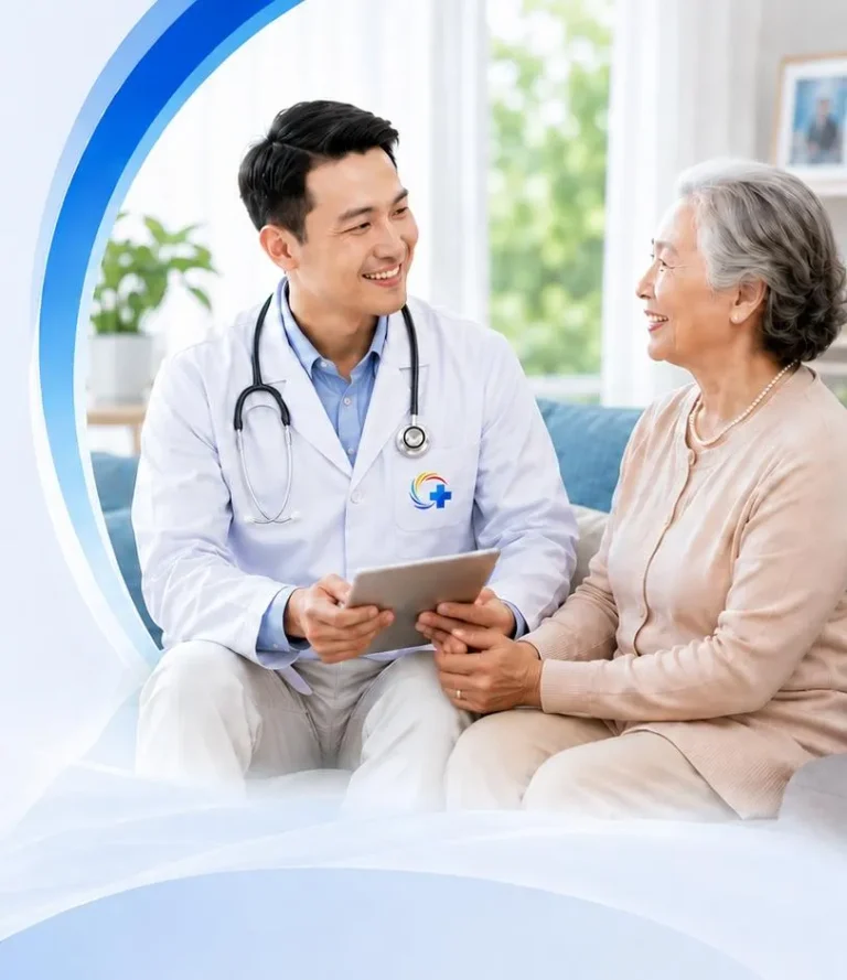 Bác sĩ Doctor Happy trò chuyện, thăm khám cho cụ bà tại nhà